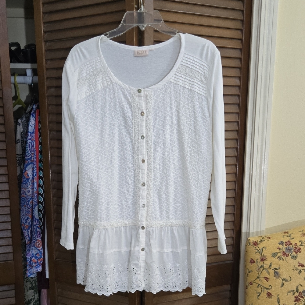 LOGO Lavish White Lace Button-Down Top